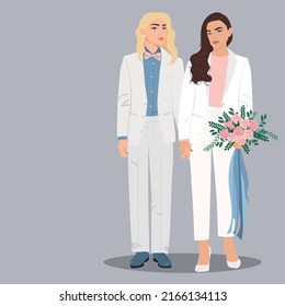 Lesbian couple getting married. Two women just married for greeting card design template.