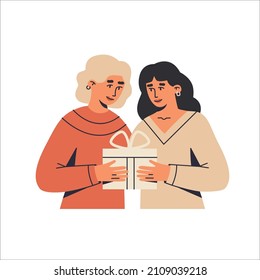 Lesbian couple with a gift for a holiday. People gives and receives presents. Vector flat illustration isolated on the white background.
