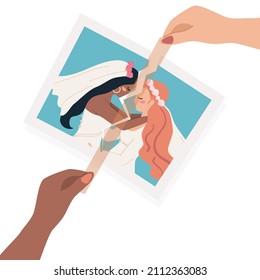 Lesbian Couple Hands Stick Tape On Torn Wedding Photo. Recovery From Break Up, End Of Marriage And Divorce Concept. Flat Vector Cartoon Illustration.