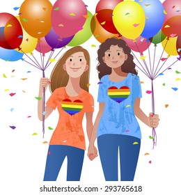 Lesbian couple holding hand each other and balloons with confetti in the background in the celebration mood.Releasing the Clipping mask on the balloon, the whole balloons will be appeared.