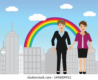 Lesbian couple holding hand in hand with skyscraper buildings and LGBT rainbow background. Vector Illustration. Idea for LGBT concept
