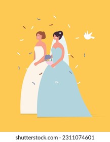 Lesbian Couple Holding Hands During Wedding Celebration, Walking Down Aisle 