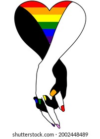 Pareja de lesbianas sosteniendo las manos dentro de un corazón arcoiris de orgullo.