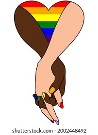 Pareja de lesbianas sosteniendo las manos dentro de un corazón arcoiris de orgullo.