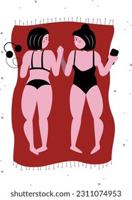 Lesbian Couple Holding Hands on Beach Blanket, Aerial View