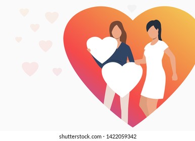 Lesbian couple holding hearts. Diversity, discrimination, love concept. Vector illustration can be used for topics like tolerance, homophobia, social rights