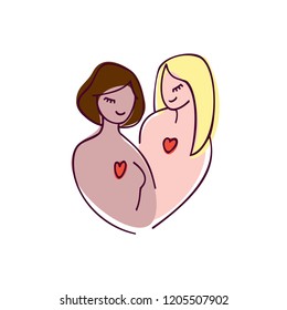 
Lesbian couple hugging. Characters of different nationalities on white background. Flat illustration with Isolated elements. Modern vector illustration perfect for articles and cards