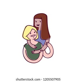 
Lesbian couple hugging. Characters of different nationalities on white background. Flat illustration with Isolated elements. Modern vector illustration perfect for articles and cards
