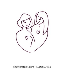 
Lesbian couple hugging. Characters on white background. Linear illustration with Isolated elements. Modern vector illustration perfect for articles and cards