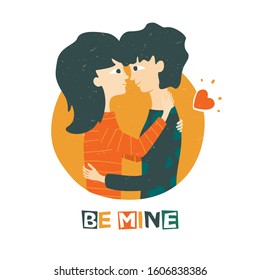 Lesbian couple hugging each other. Girl love. Lgbt couple. Be mine text. Can be used for greeting card, valentine's day decoration, invitation. Vector hand drawn illustration
