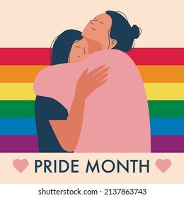 Una pareja de lesbianas abrazándose en un estilo plano. Fondo de la bandera LGBT. Mes del orgullo
