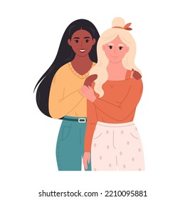 Lesbian Couple Hugging And Smiling. Sweetheart Couple Together. LGBT Family, LGBT Pride. Homosexual Multiracial Couple. Hand Drawn Vector Illustration