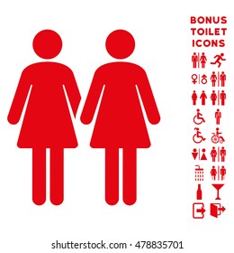 Lesbian Couple icon and bonus male and lady restroom symbols. Vector illustration style is flat iconic symbols, red color, white background.