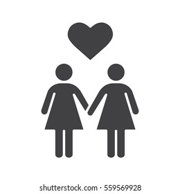 Lesbian couple icon. Silhouette symbol. Two women holding hands. Lesbian girls with heart shape above. Negative space. Vector isolated illustration