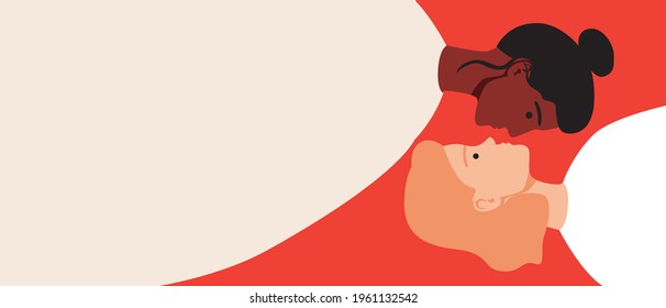 Lesbian couple kissing, copy space template. Flat vector stock illustration. Kiss of a woman and a girlfriend. LGBTQ kissing. Overlay template. Illustration with place for text