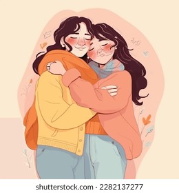 A lesbian couple. LGBT, lesbians. Valentine's Day. Fall in love Bisexual. Happy couple together hugging. Women with a homosexual orientation. Vector