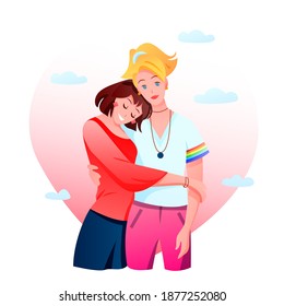 Lesbian couple LGBT vector illustration. Cartoon flat happy homosexual lovers, romantic girls hugging on date, LGBT lesbian love, homosexuality concept isolated on white