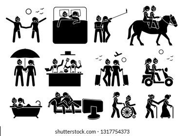 Lesbian couple lifestyle and activities. Illustrations depict gay or homosexual women enjoying and spending their life together.