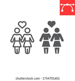 Lesbian couple line and glyph icon, lgbt and heart, female couple sign vector graphics, editable stroke linear icon, eps 10