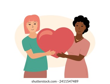 Lesbian couple in love. Female LGBT family. Smiling women holding huge heart together. Two girlfriends flat vector. Valentines day celebration romantic illustration.
