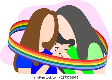 A lesbian couple in love holds hands wrapped in a ribbon with an LGBT flag. Flat vector illustration.