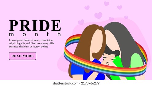 A lesbian couple in love holds hands wrapped in a ribbon with an LGBT flag. Flat vector illustration. LGBTQ banner template on pink background.