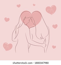 Lesbian Couple Love, Line Art Vector Illustration