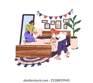 Lesbian couple makes bed. Happy girls change sheet, pillows in bedroom together. Spring cleaning, housework, housekeeping. Cozy home interior. Flat isolated vector illustration on white background