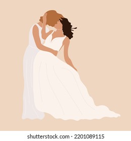 Lesbian Couple Marriage. Homosexual Wedding. Brides In Dress LGBT Newlyweds. Flat Vector Illustration Isolated On White Background