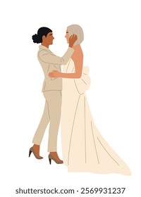 Lesbian couple marriage. Homosexual wedding. Brides in dress and suit. LGBT newlyweds. Happy wives at ceremony. Flat vector illustration isolated on white background