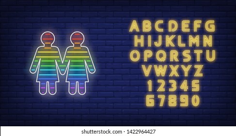 Lesbian Couple Neon Sign. Rainbow Colored Girls Shape, Women, Lgbt. Vector Illustration In Neon Style For Bright Banners, Light Billboards, Gay Pride Flyer