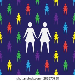 Lesbian couple on blue background. Seammless pattern. LGBT couple symbol. Gay women couple symbol.
