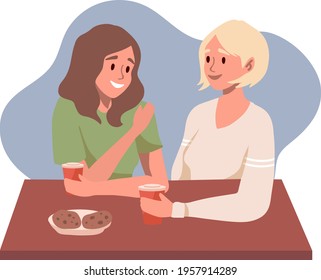 Lesbian couple on a date at cafe. First date or valentines day Romantic scene with lgbt family, marriage. Two women drinking coffee, talking and smiling. 