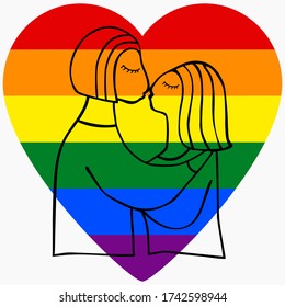 Lesbian couple on rainbow background. Line art style for icon, bage, card, poster. Lovers Kissing Girls. Vector Doodle Illustration for design anything. International day of families. People in Love.