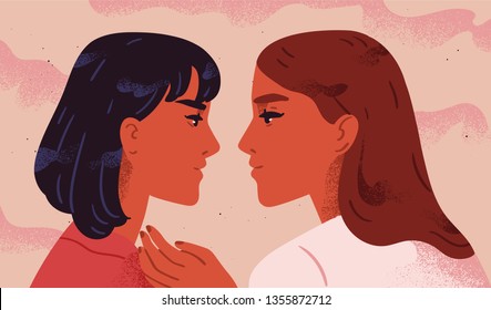 Pareja lesbiana. Retrato de adorables mujeres jóvenes coqueteando entre ellas. Las parejas homosexuales románticas en cita. Concepto de amor, pasión y homosexualidad. Ilustración vectorial moderna de color plano.