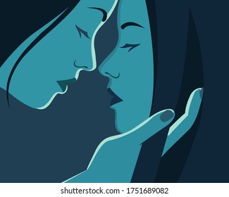  Lesbian couple. Portrait of adorable young women flirting with each other. Homosexual romantic partners on date. Concept of love, passion and homosexuality. Modern flat colorful vector illustration.