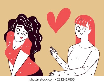 Lesbian Couple Portrait, Line Art Drawing Style