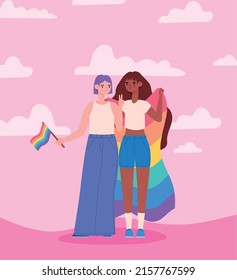 lesbian couple poster with a lgtbq flags