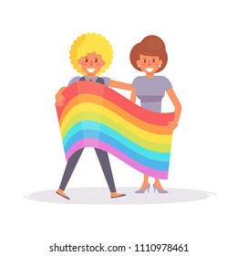 Lesbian couple with a rainbow flag in the hands LGBTQ