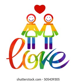 Lesbian couple with rainbow hand drawn letters isolated on white background. Gay love symbol. LGBT pride symbol.