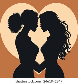 Lesbian couple, in silhouette, with two women, in front of a heart, touching hands, in a modern and simple illustration style, with earthy colors