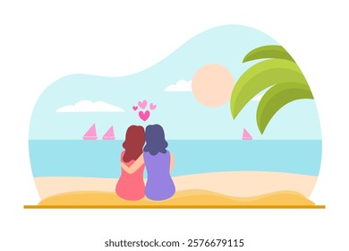 Lesbian couple sits on a beach, embracing with pink hearts above. This vector illustration is for romantic promotions, like Valentine’s Day, highlighting LGBTQ themes.