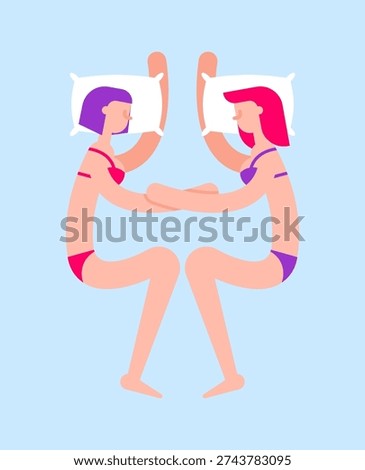 Lesbian couple sleeping together in bed, symbol of LGBT love and tenderness. Flat modern vector illustration.