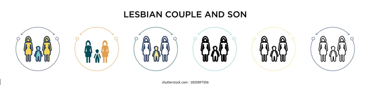 Lesbian couple and son icon in filled, thin line, outline and stroke style. Vector illustration of two colored and black lesbian couple and son vector icons designs can be used for mobile, ui, web