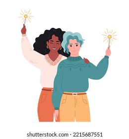 Lesbian couple with sparklers. Family celebrating New Year or Christmas. Winter time, winter fun. Hand drawn vector illustration