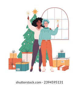 Lesbian couple standing near Christmas tree with presents and celebrating Christmas or New Year. Vector illustration in flat style