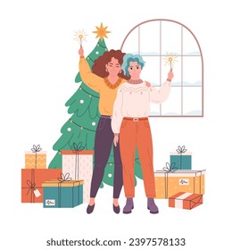 Lesbian couple standing near Christmas tree with presents and celebrating Christmas or New Year. Vector illustration in flat style