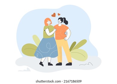 Parada de lesbianas juntas, luciendo feliz. Personajes femeninos con corazones amorosos sobre la cabeza de ilustración vectorial plana. Concepto de relación romántica para banner, diseño de sitio web o página web de aterrizaje