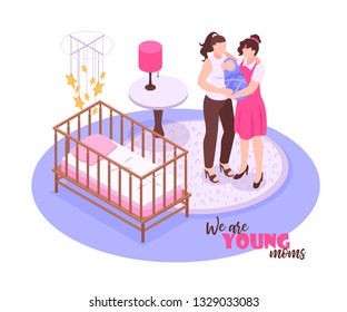 Lesbian couple and their child standing in nursery room on white background 3d isometric vector illustration