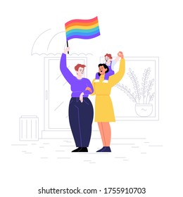 Lesbian couple and their child standing on the street holding a rainbow flag. Pride month concept